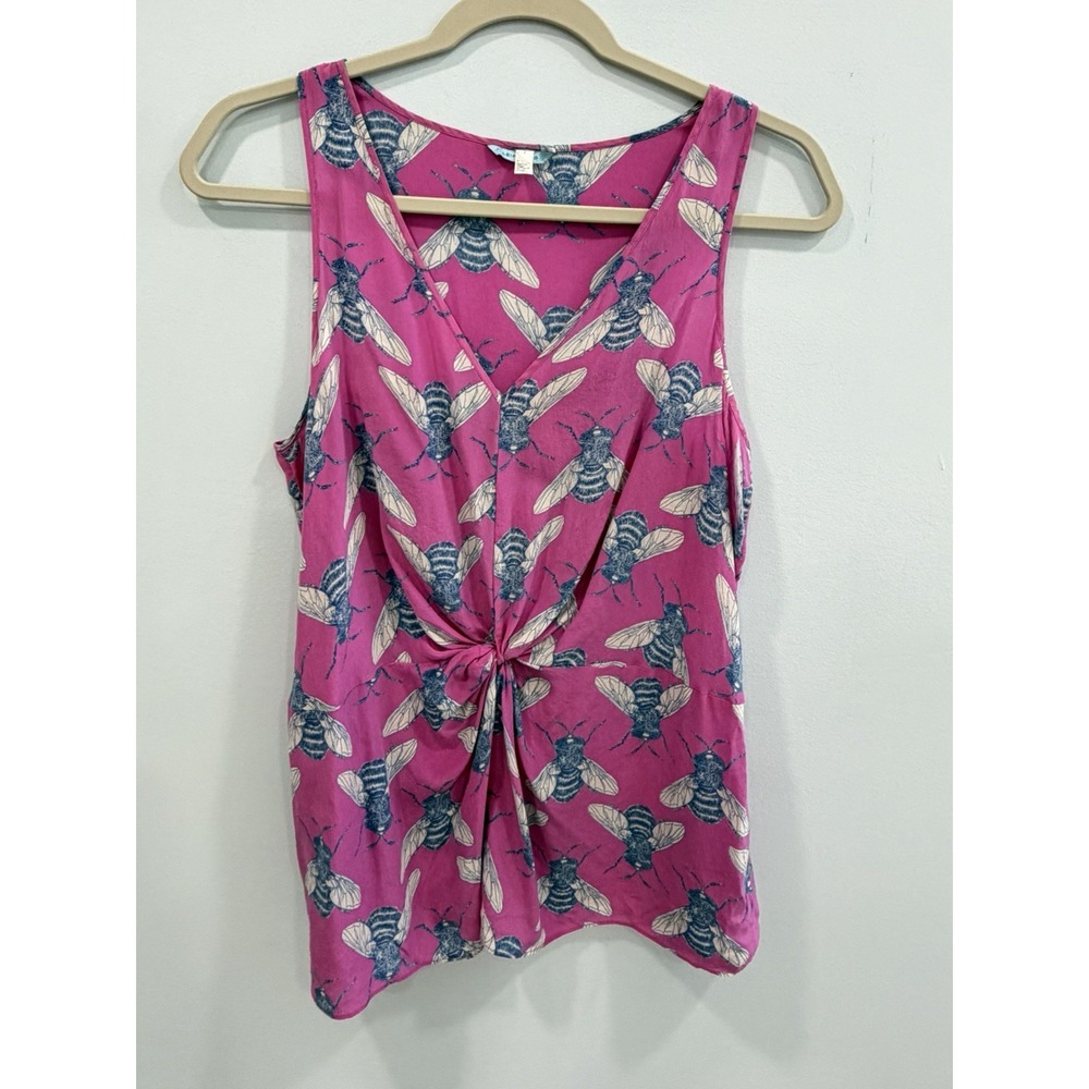 LEIFNOTES Anthropologie women's 6 S Pink Bee Print Silk Shirt Blouse Tank Top